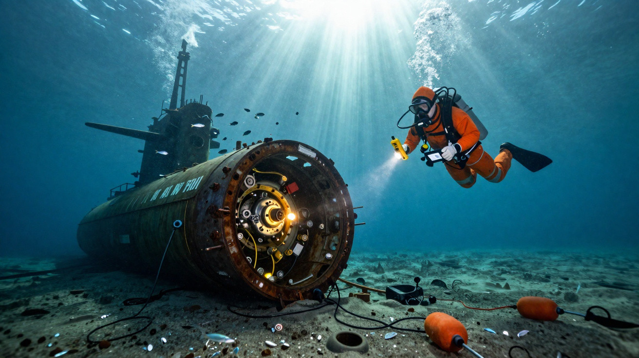 Mergulhador em traje laranja inspeciona submarino antigo no fundo do mar com raios de luz solares.