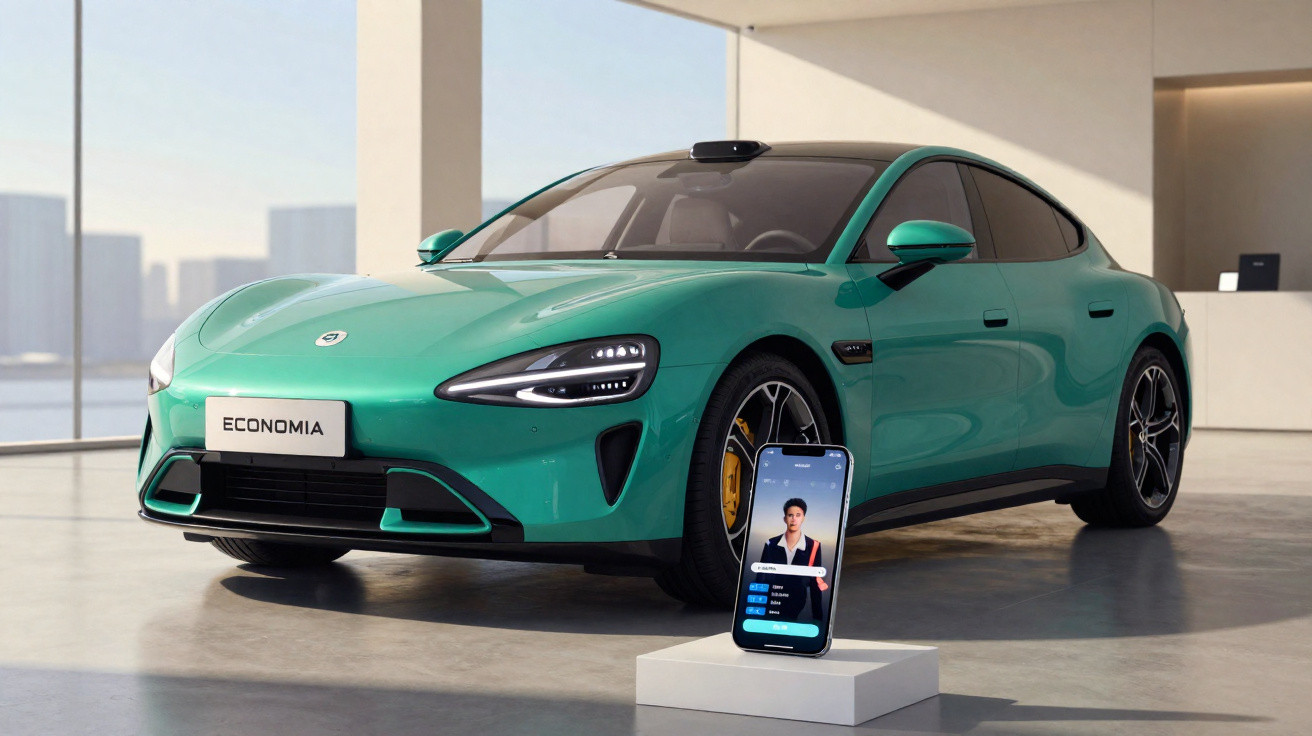 Carro verde esportivo elétrico em garagem iluminada, com celular em pé exibindo videochamada na frente.
