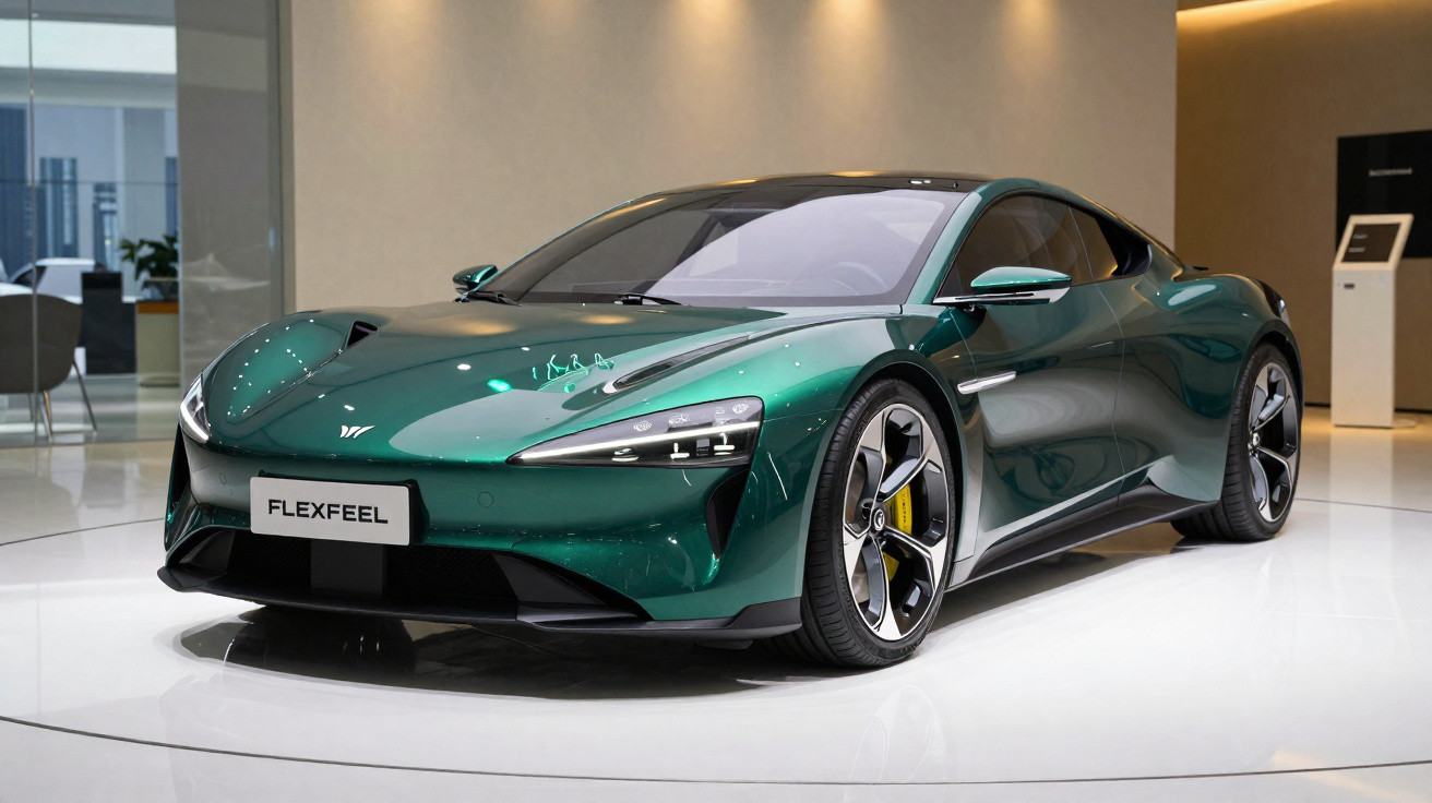 Carro esportivo verde metálico em exposição, com design aerodinâmico e rodas esportivas.