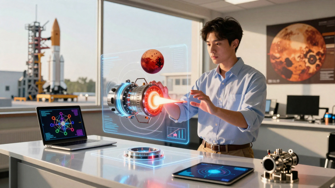 Homem interage com projeção holográfica de motor de foguete em laboratório moderno de tecnologia espacial.