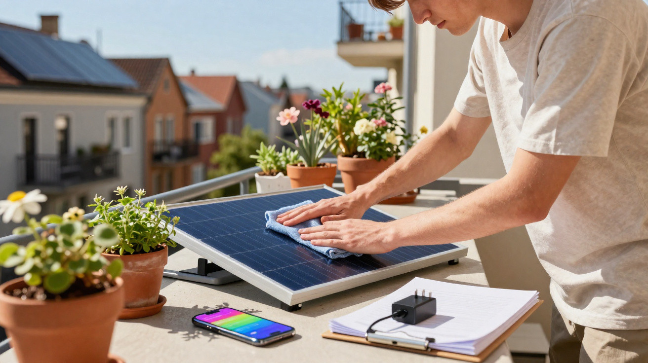 Jovem limpando painel solar portátil em varanda com plantas e celular ao lado.