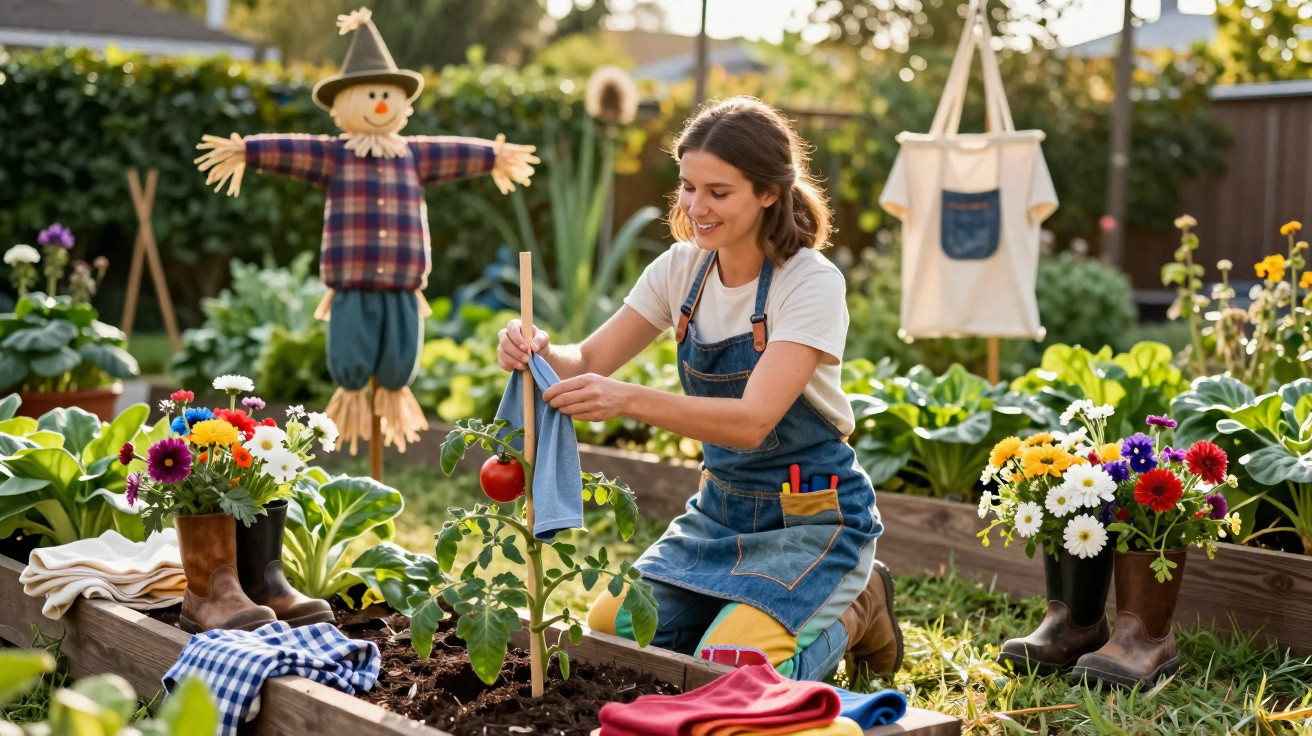 Mulher cuidando de tomateiro em horta, com espantalho e flores ao fundo em jardim ensolarado.