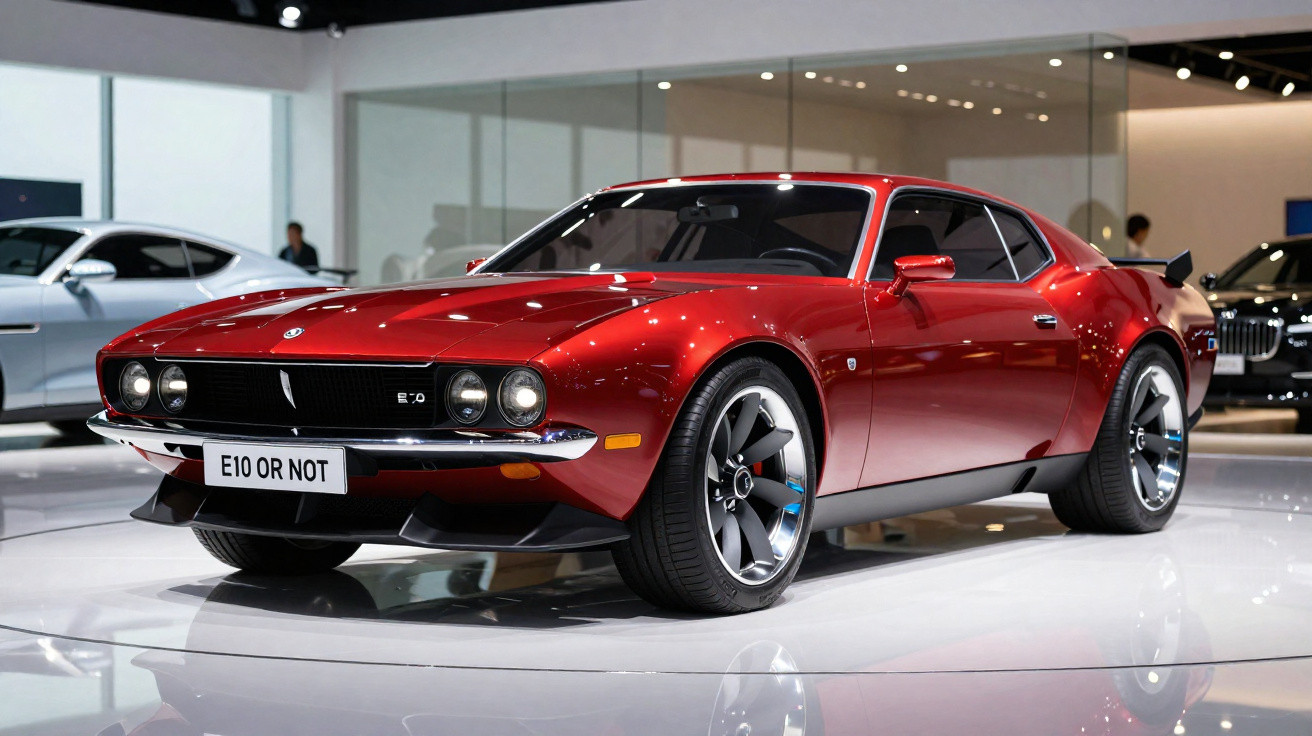Carro esportivo vermelho vintage com rodas pretas e detalhes cromados em exposição em salão automotivo.