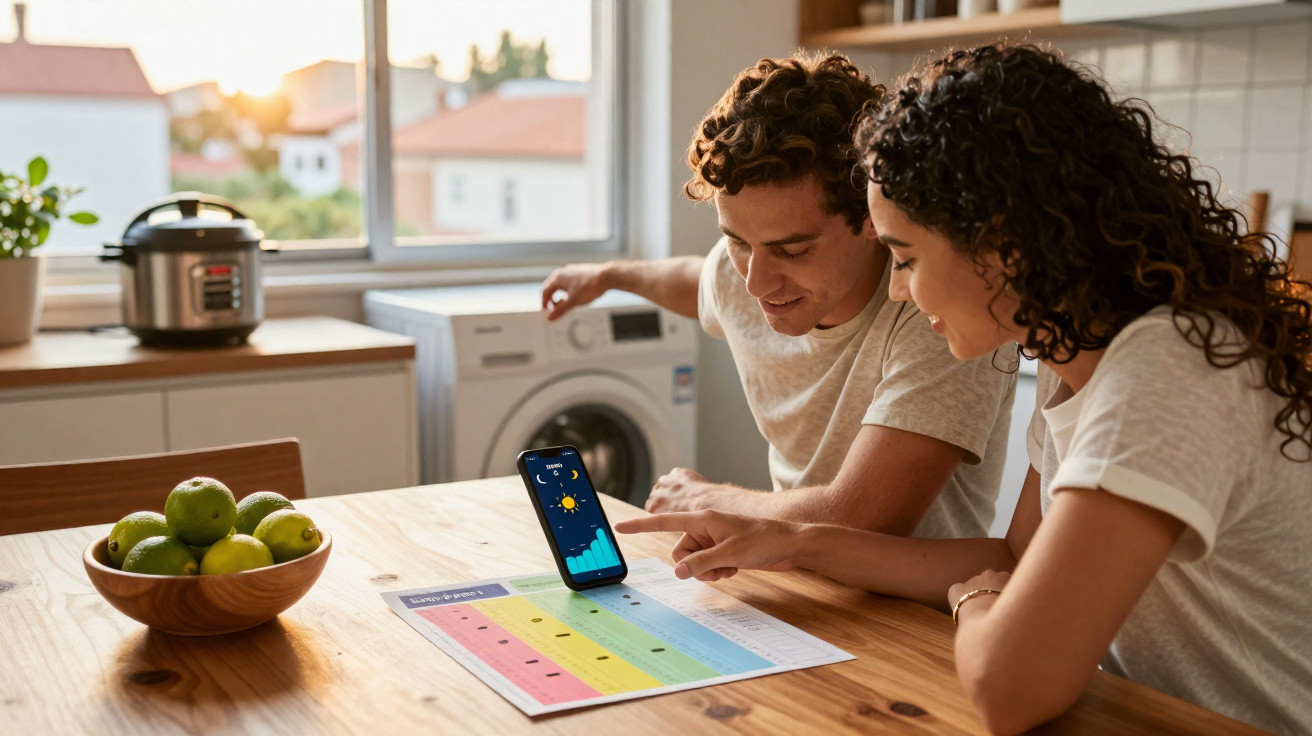 Casal jovem consulta gráfico e informações meteorológicas em smartphone na cozinha iluminada.