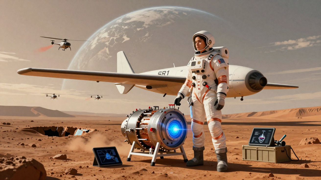 Astronauta feminina em traje espacial na superfície de Marte com equipamentos e drones ao fundo.