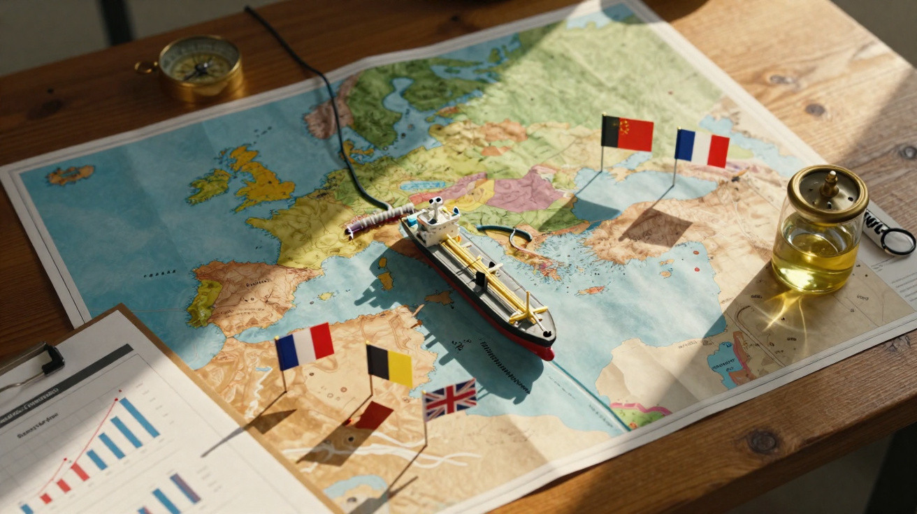 Mapa da Europa com bandeiras, barco de brinquedo, bússola e copo com bebida amarela sobre a mesa.