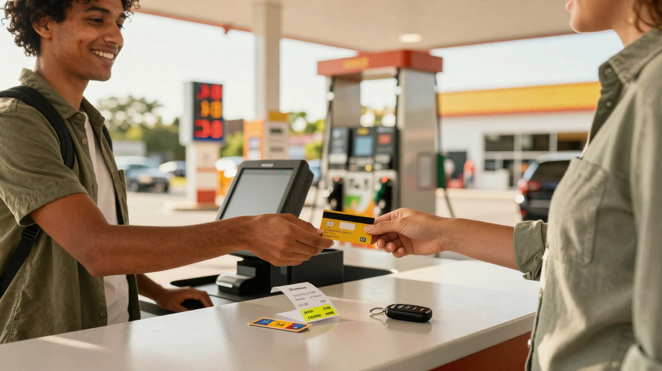 Atendente sorridente recebe cartão de cliente para pagamento em posto de gasolina.