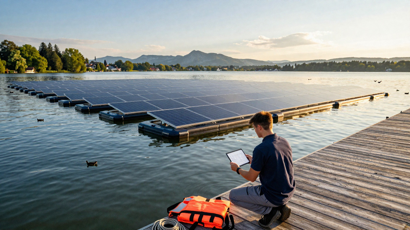 Homem sentado em píer próximo a painel solar flutuante em lago ao entardecer.