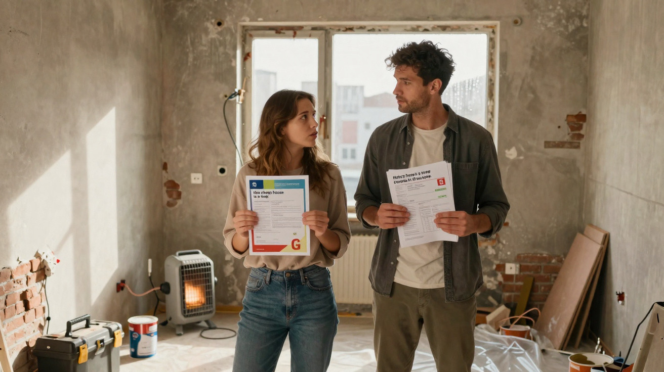 Casal jovem segurando documentos sobre reforma dentro de sala em obra, com pintura e ferramentas ao fundo.
