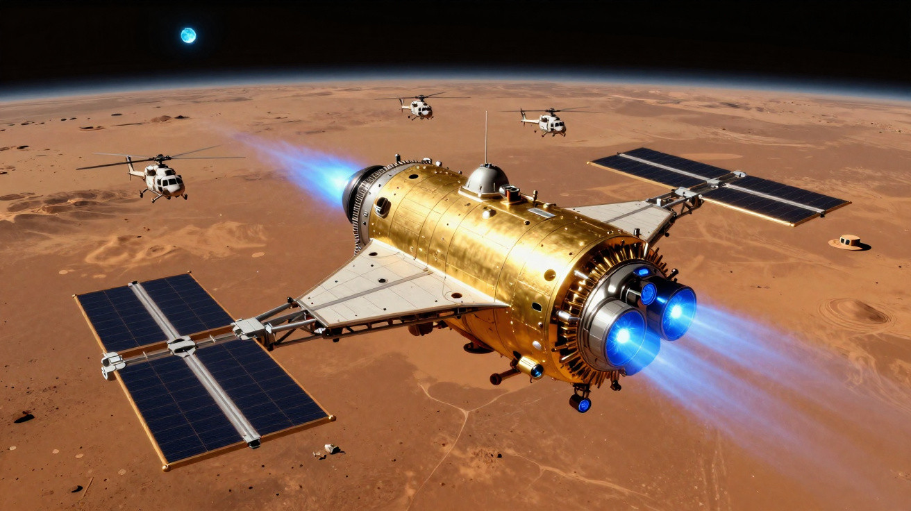 Nave espacial dourada e branca com painéis solares sobrevoando Marte, com a Terra ao fundo no espaço.