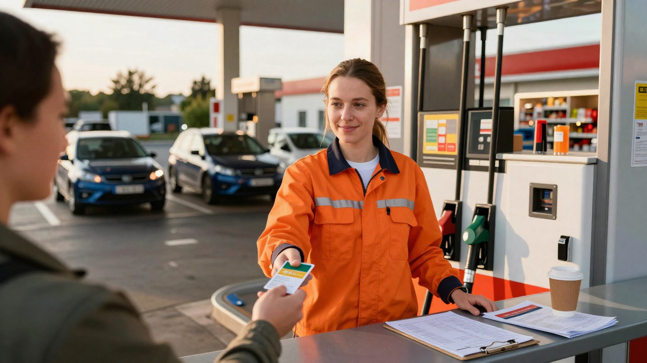 Atendente de posto de gasolina em uniforme laranja recebe cartão de cliente que abastece veículo.