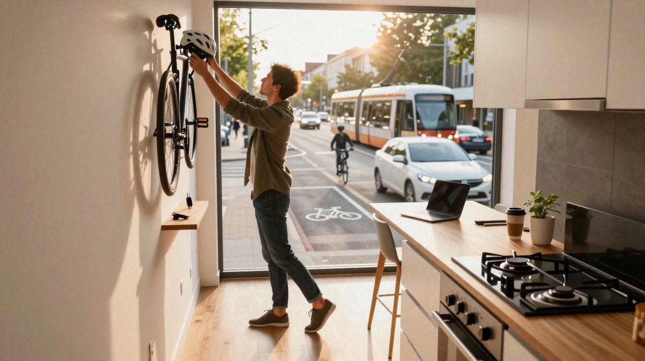 Homem guardando bicicleta na parede em apartamento com vista para rua e bonde ao fundo.