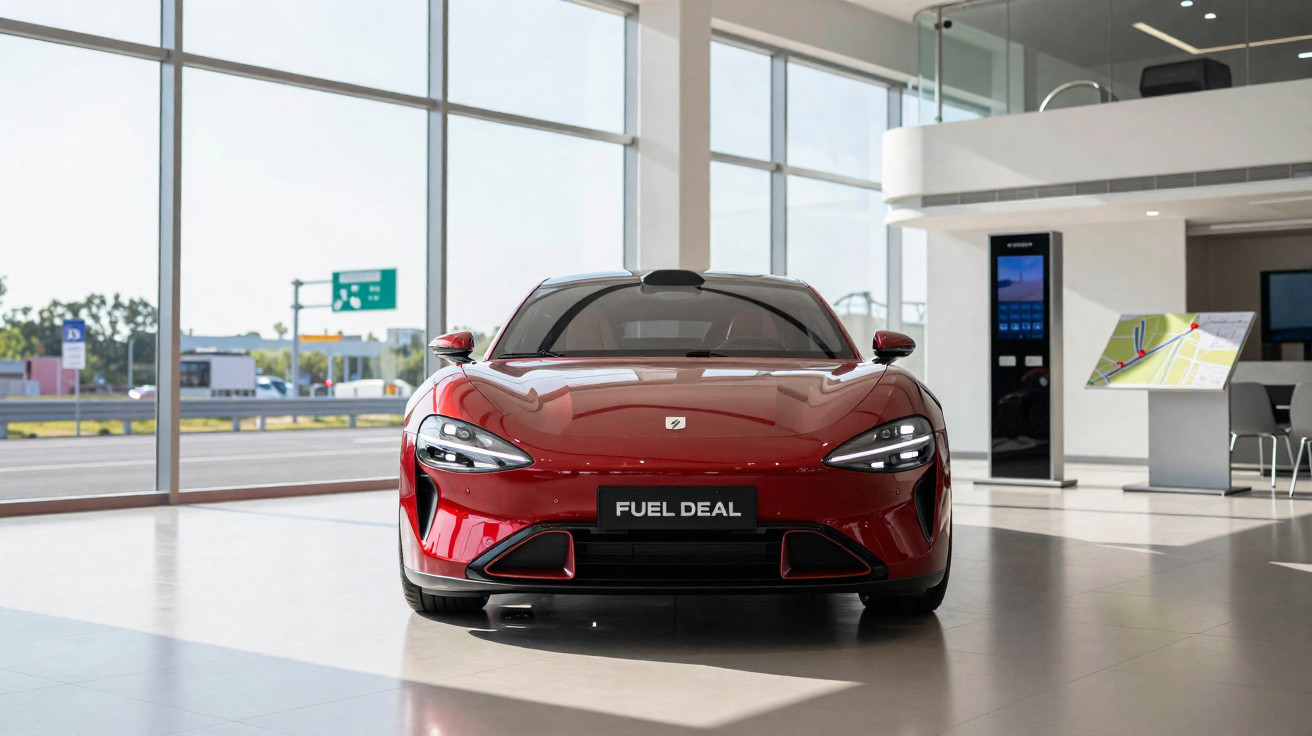 Carro elétrico vermelho Tesla dianteira em showroom com placa "Fuel Deal" e iluminação natural.