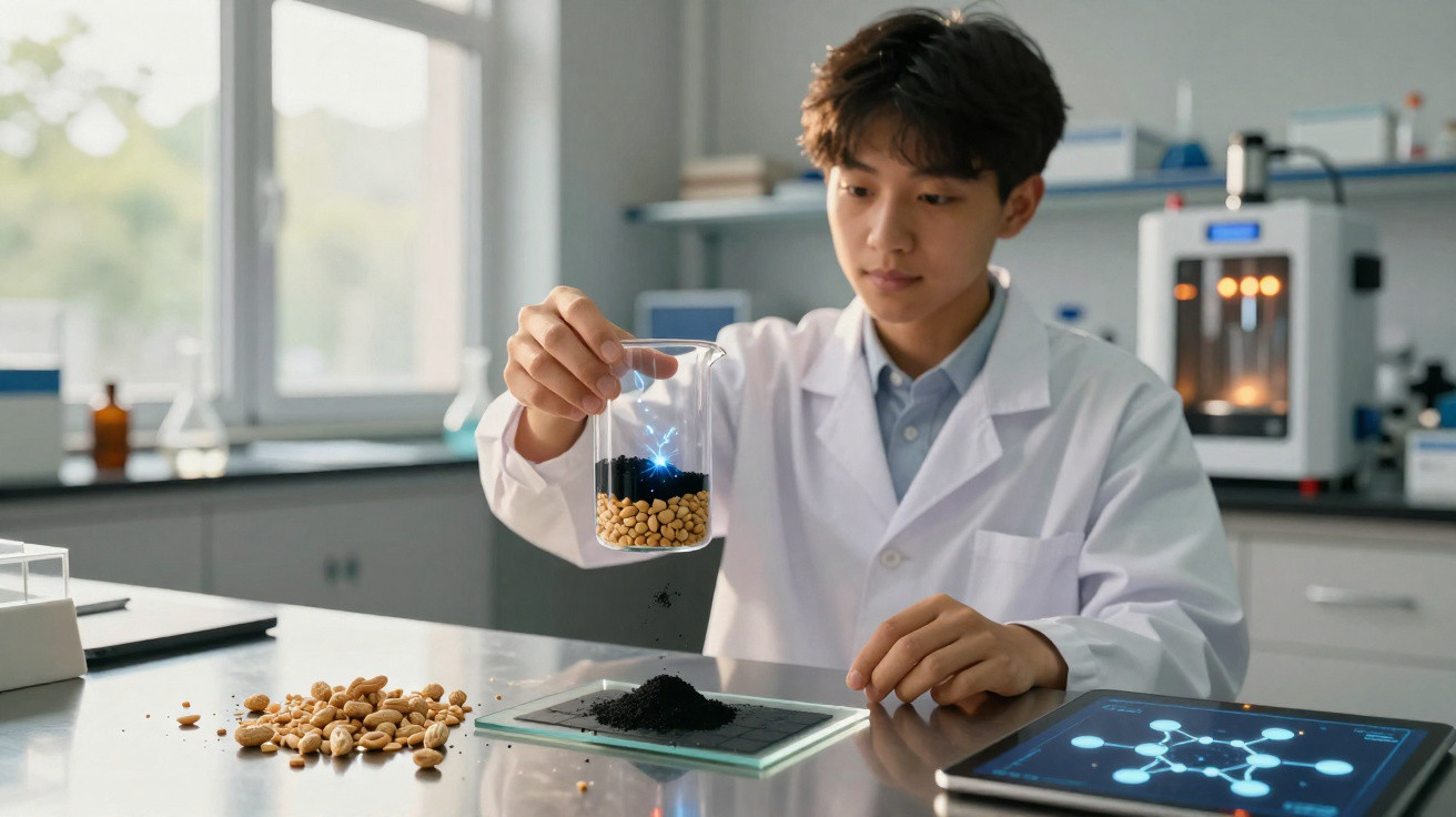 Criança em laboratório segurando copo com grãos e líquido preto sobre bancada com tablet e amostras.