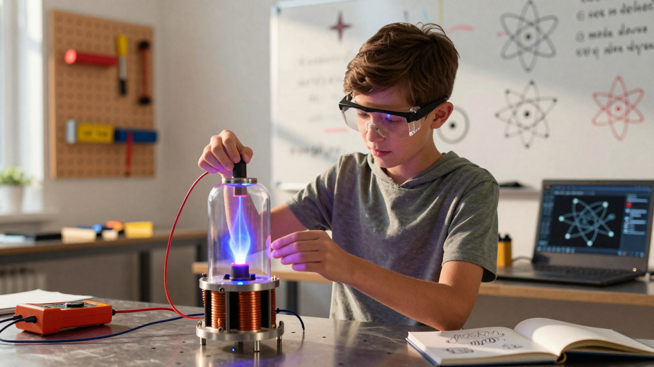 Menino com óculos de proteção realiza experimento científico com aparelho elétrico e plasma azul em laboratório.