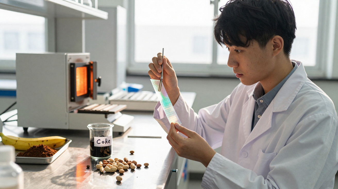 Cientista em laboratório segurando tira de teste de pH, com amostras de nozes, banana e pó no balcão.