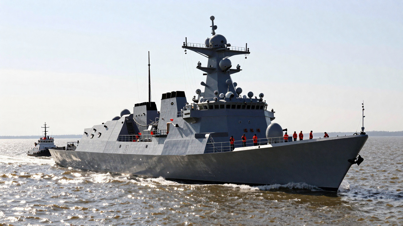 Navio de guerra cinza navegando com pessoas a bordo em mar calmo sob céu claro.