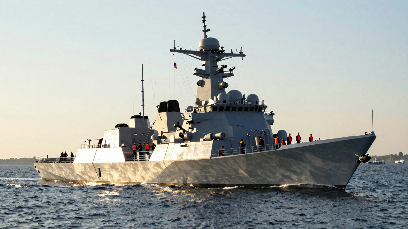 Navio de guerra militar cinza com tripulantes de colete laranja navegando em mar calmo ao entardecer.