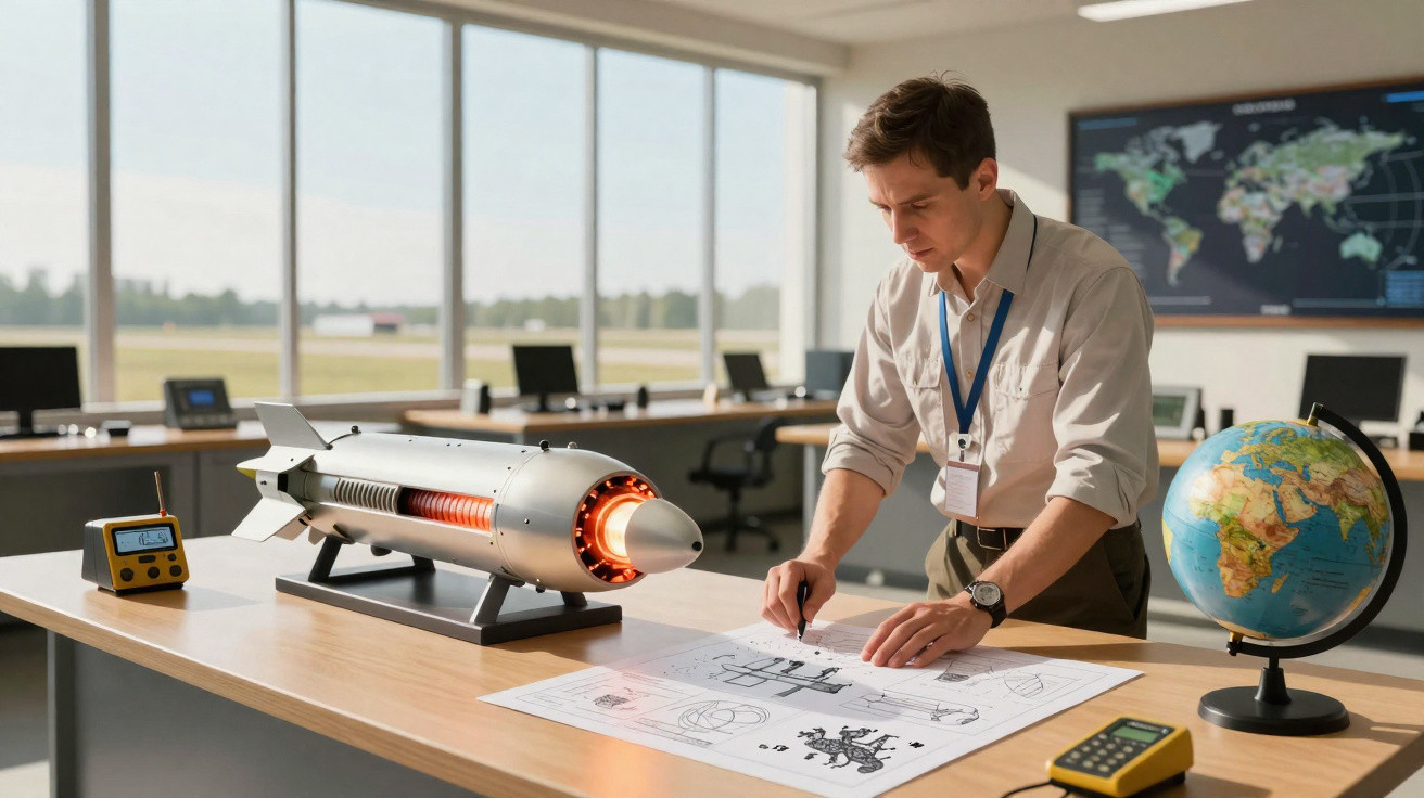 Homem analisando maquete de motor de foguete aceso e mapas em mesa de escritório com globo terrestre.