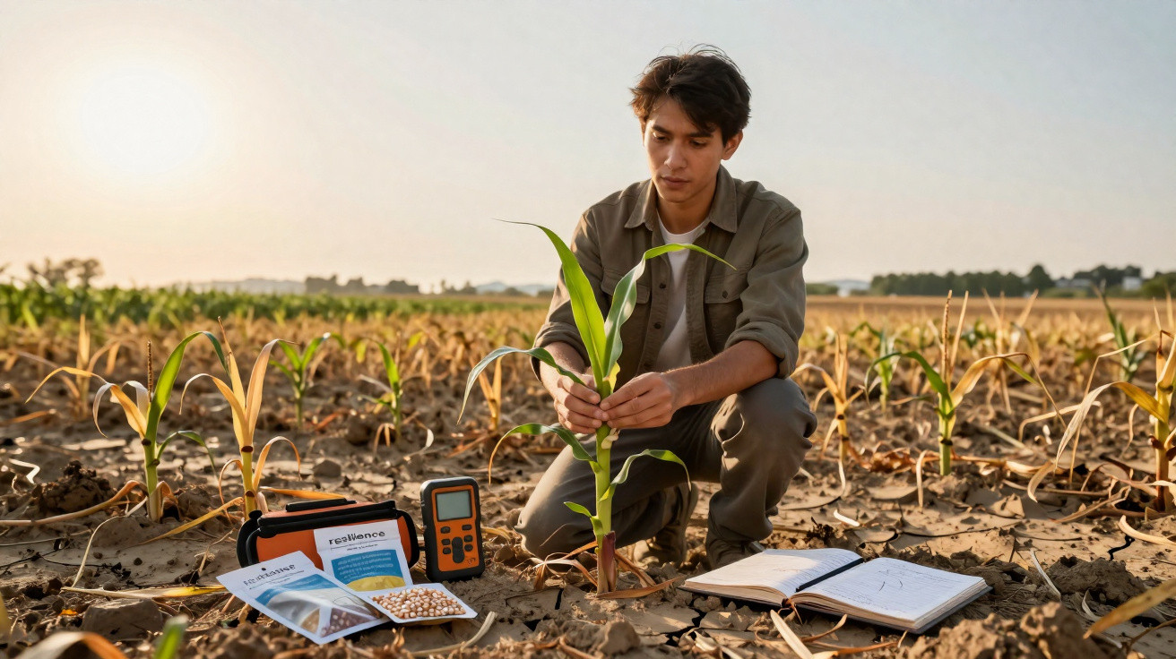 Jovem agricultor examina planta de milho em campo com equipamentos e caderno aberto ao lado.