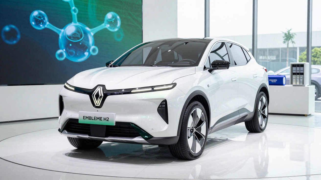 Carro elétrico branco Renault Embleme H2 exposto em ambiente interno moderno e iluminado.