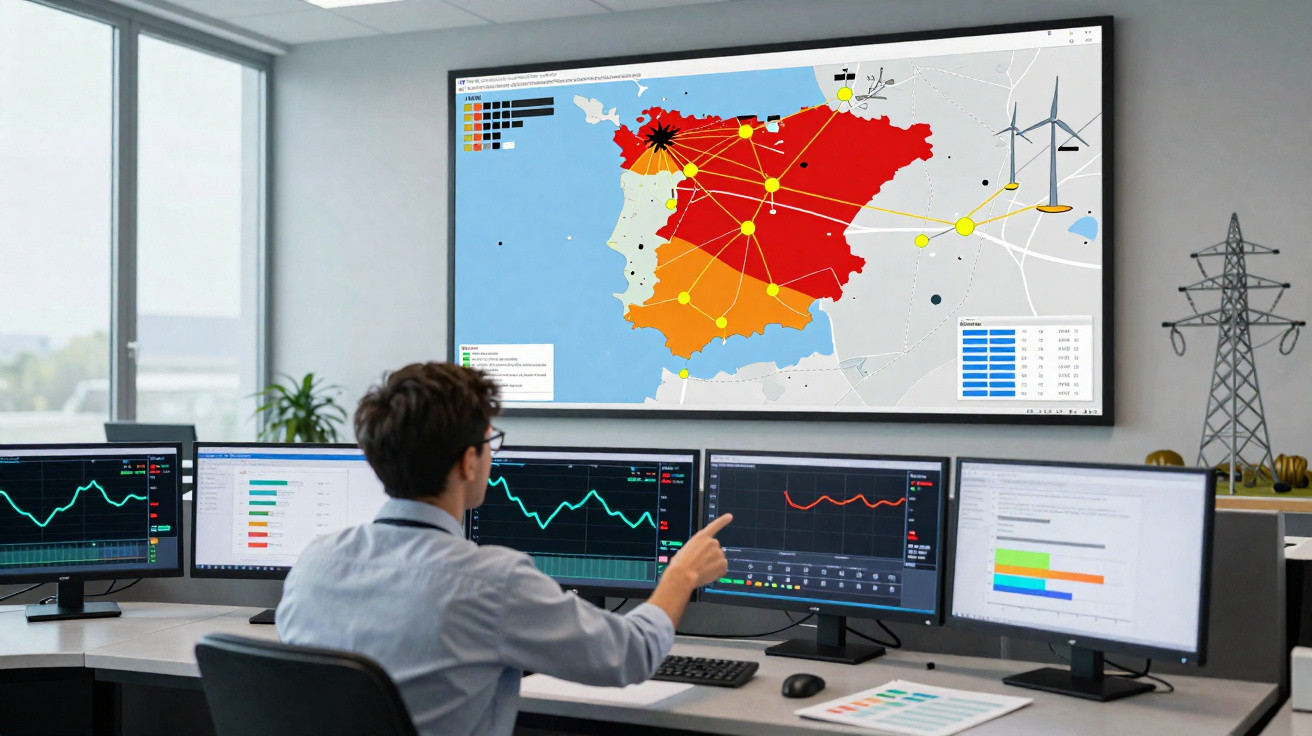 Homem analisando gráficos e mapa da rede elétrica na Espanha em sala de controle com vários monitores.