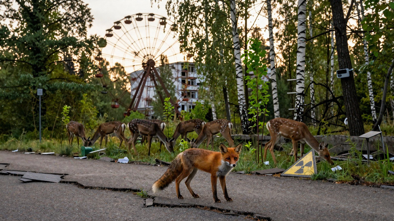 Raposa e cervos em área abandonada com símbolo de radiação e roda-gigante enferrujada ao fundo.