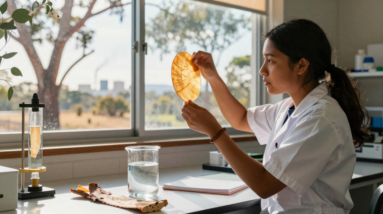 Mulher cientista em jaleco examina fatia de fruto seco em laboratório com janela e livros ao fundo.