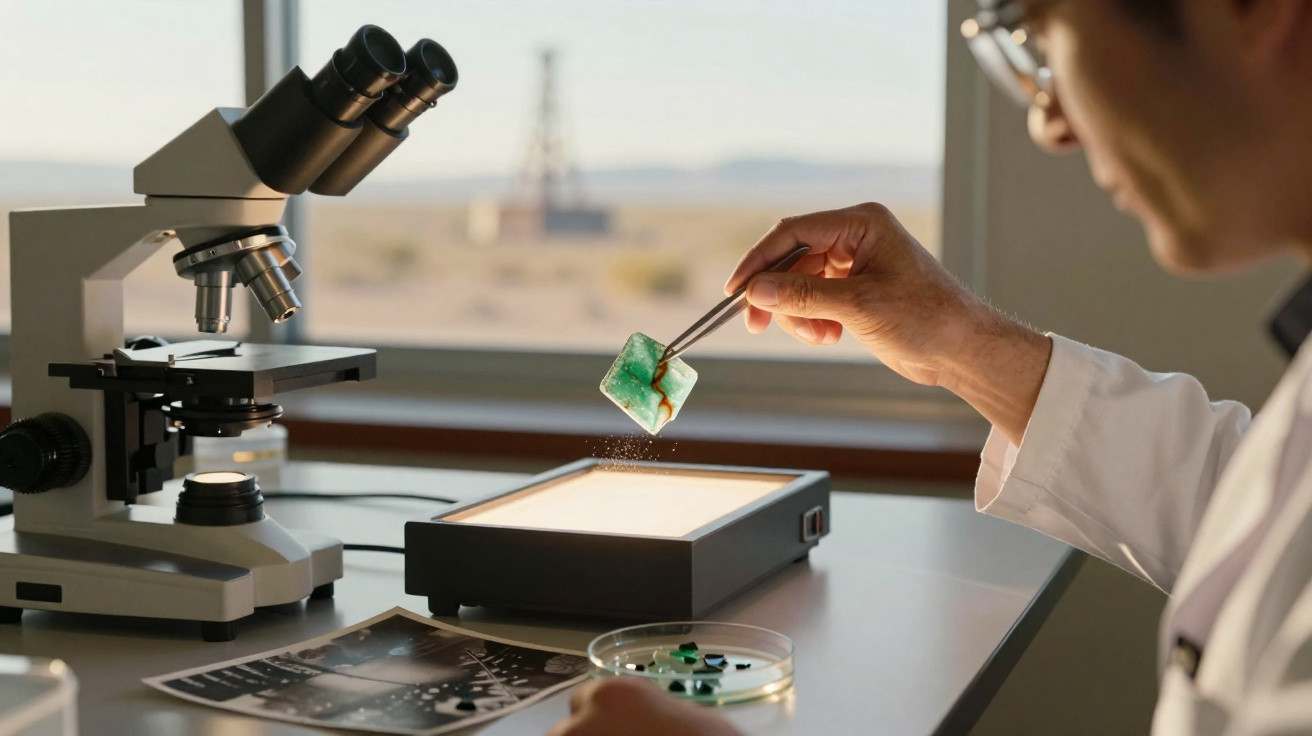 Pesquisador em laboratório segurando uma pedra verde com pinça, microscópio e lâmpada de luz ao fundo.