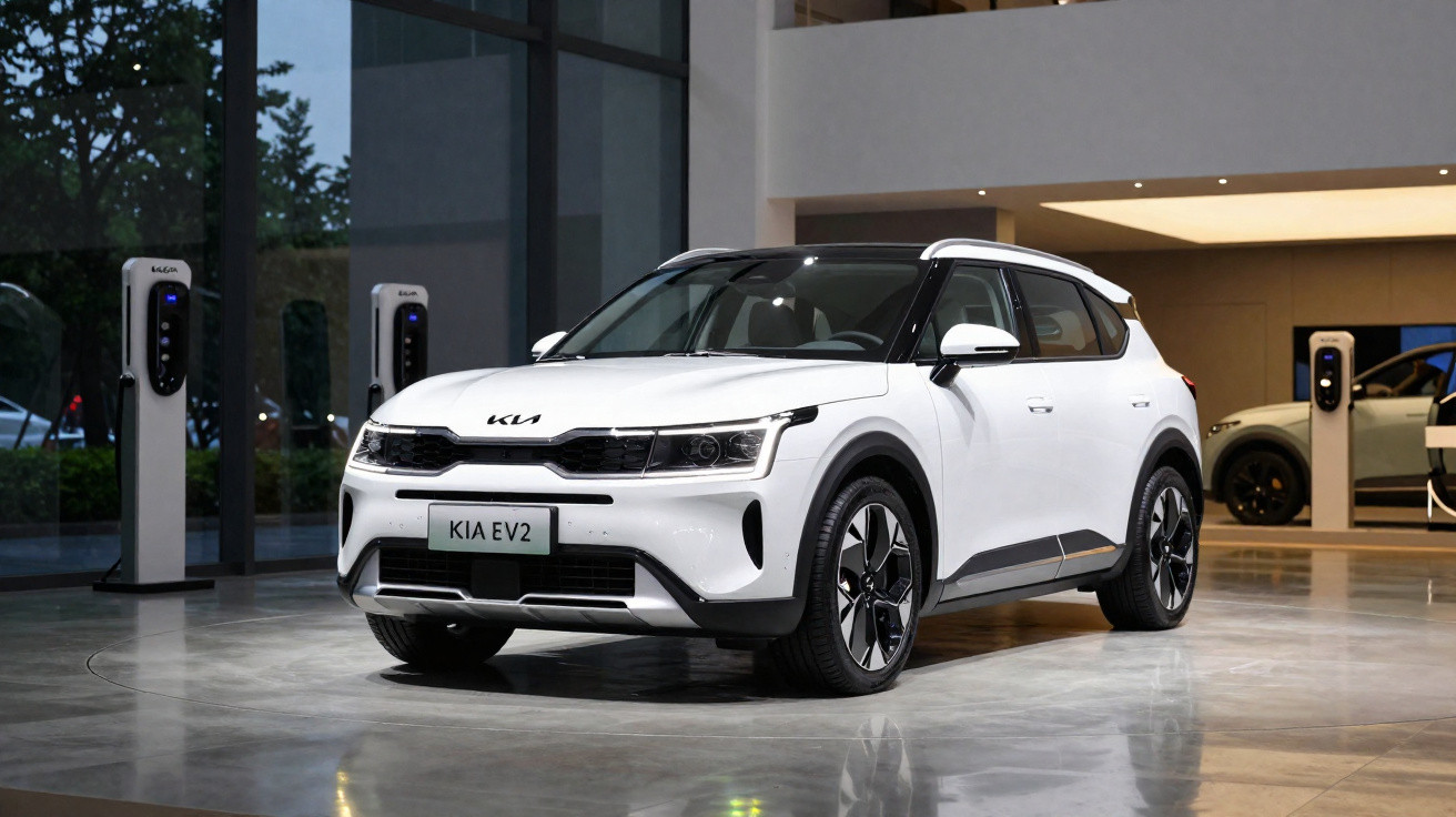 Carro elétrico branco Kia EV2 exibido em showroom moderno com paredes de vidro e estação de carregamento.