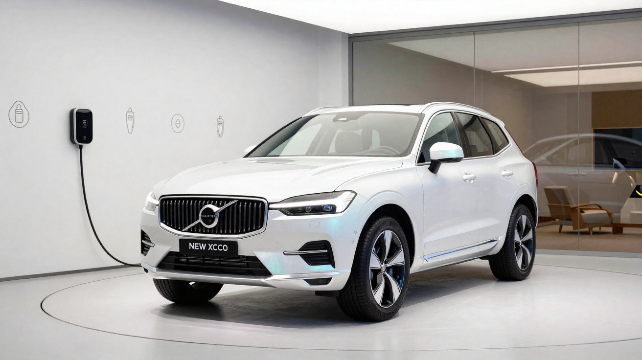 SUV Volvo XC60 branco estacionado em showroom moderno com carregador elétrico na parede.