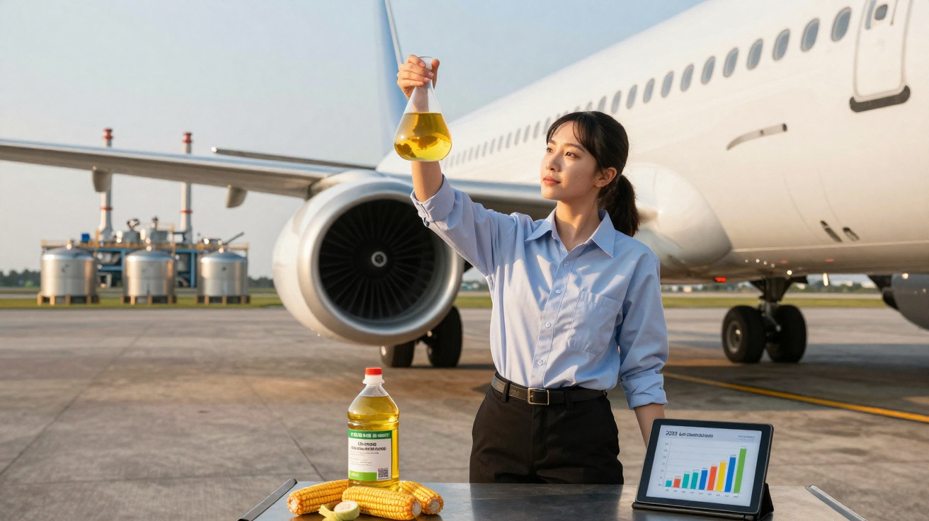 Mulher em uniforme segurando frasco com biocombustível ao lado de milho e tabela gráfica em aeródromo.