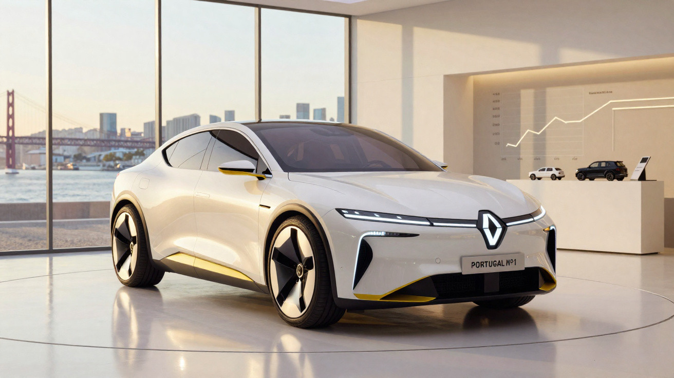 Carro elétrico branco Renault Portugal N°1 em exposição interna com janelas amplas ao fundo.