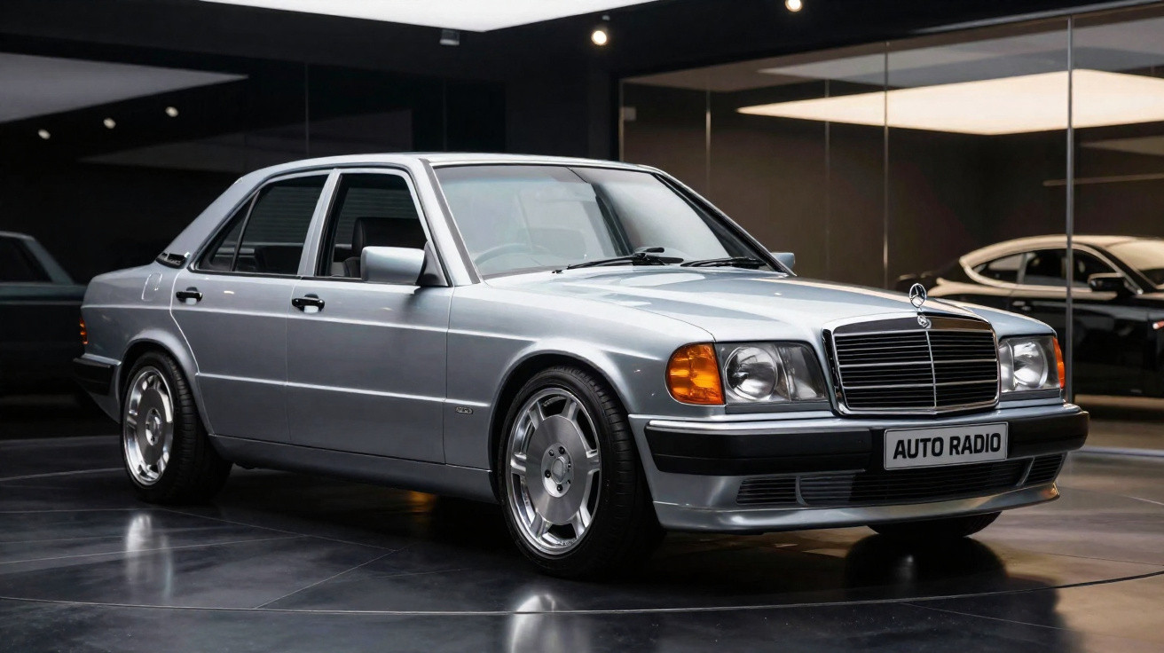 Carro Mercedes-Benz prata antigo exibido em ambiente moderno com piso escuro e reflexo no espelho.