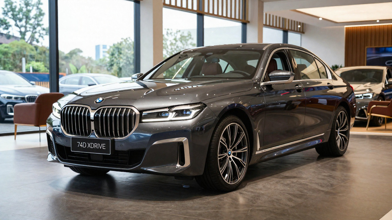 Carro BMW 740d xDrive cinza exibido em showroom moderno com janelas grandes e poltronas.