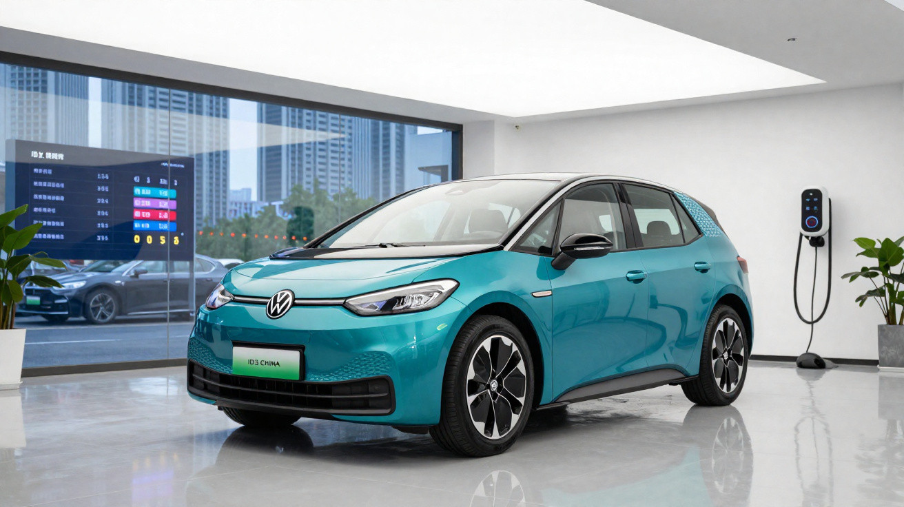 Carro elétrico Volkswagen ID.3 azul em showroom moderno com estação de recarga e prédio ao fundo.