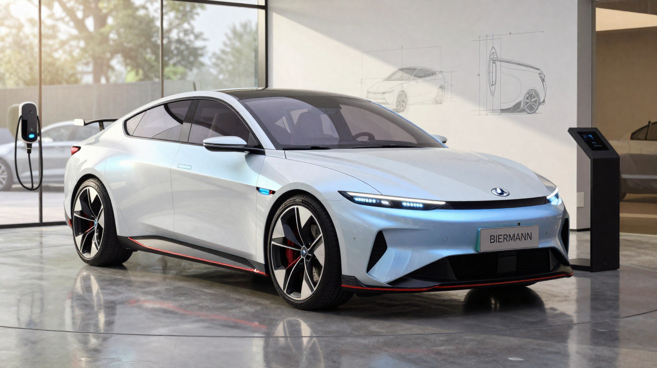 Carro esportivo elétrico branco estacionado em showroom moderno, com luzes de LED e design aerodinâmico.