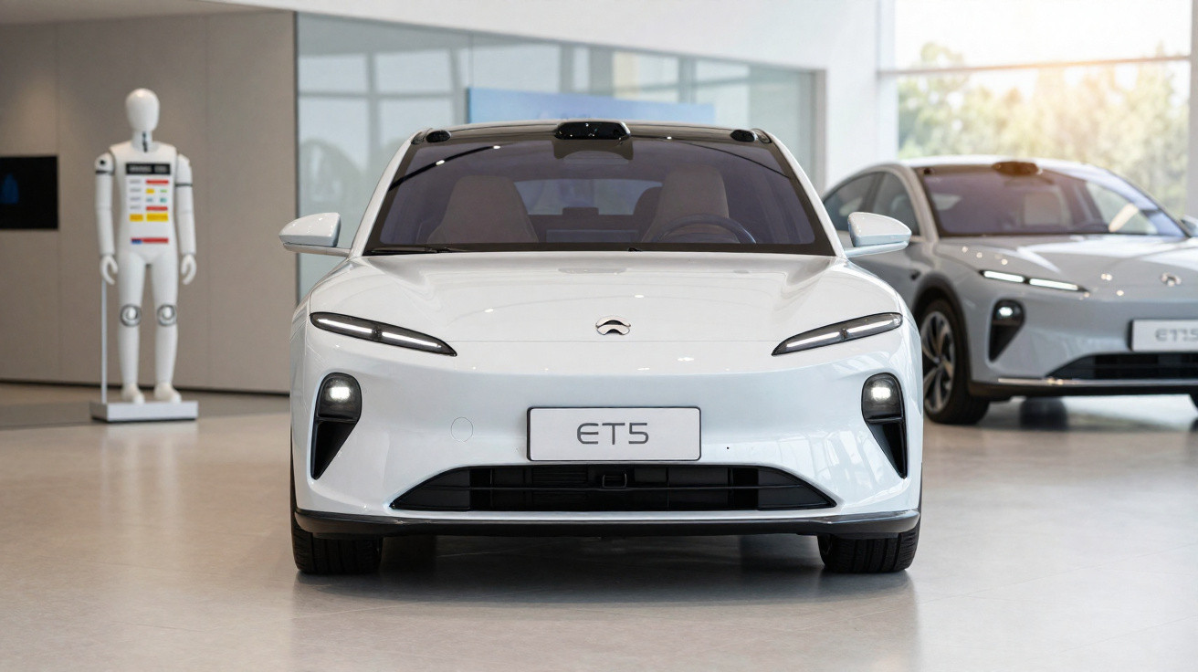 Carro elétrico branco NIO ET5 em showroom moderno com grande janela e piso claro.