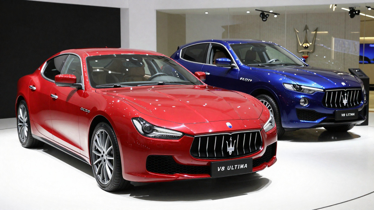 Dois carros Maserati V8 Ultima, um vermelho em primeiro plano e um azul ao fundo em showroom.
