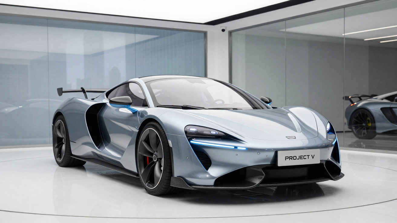 Carro esportivo prata McLaren Project V exibido em showroom moderno com paredes de vidro.