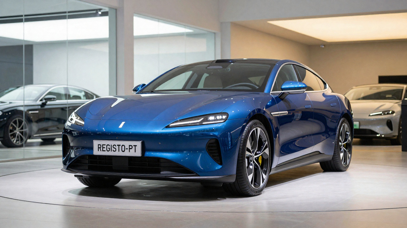 Carro elétrico esportivo azul em exposição interna com placa branca escrita REGISTO-PT.