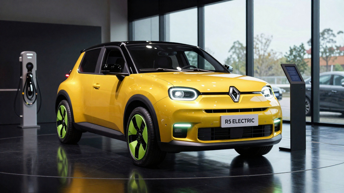 Carro elétrico Renault R5 elétrico amarelo em exposição interna com estação de carregamento ao fundo.