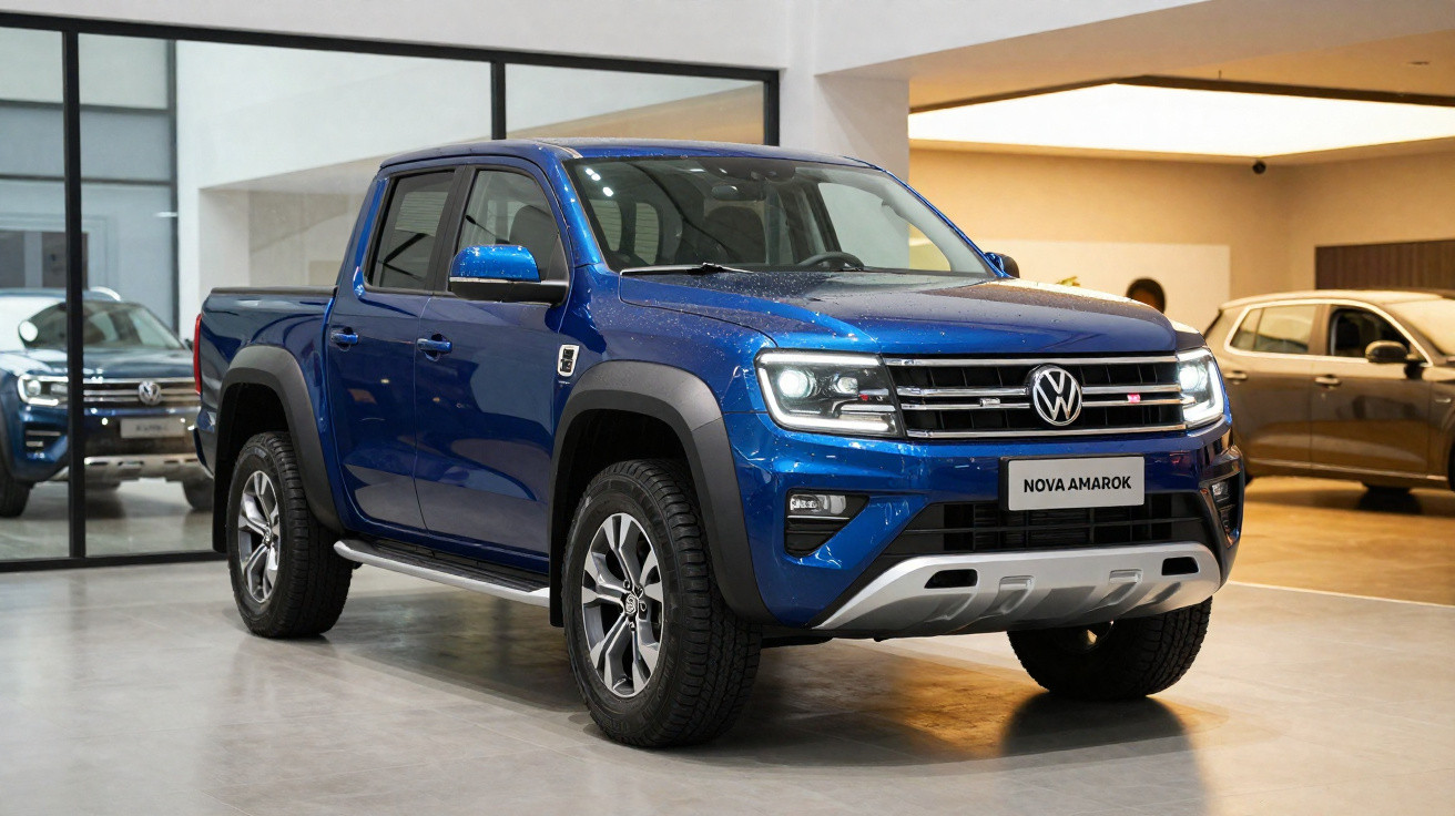 Picape Volkswagen Amarok azul em exposição em ambiente interno com piso de concreto polido.