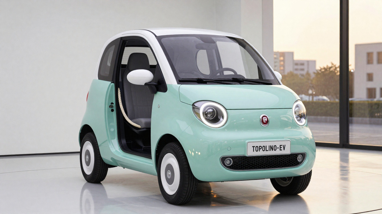 Carro compacto elétrico verde claro e branco estacionado em piso brilhante interno com janelas ao fundo.