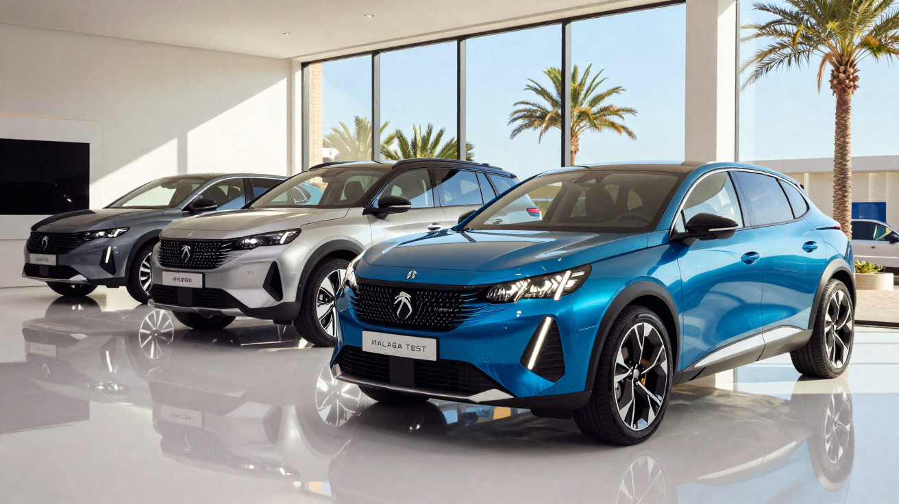 Três carros Peugeot exibidos em showroom com piso branco e palmeiras no fundo.