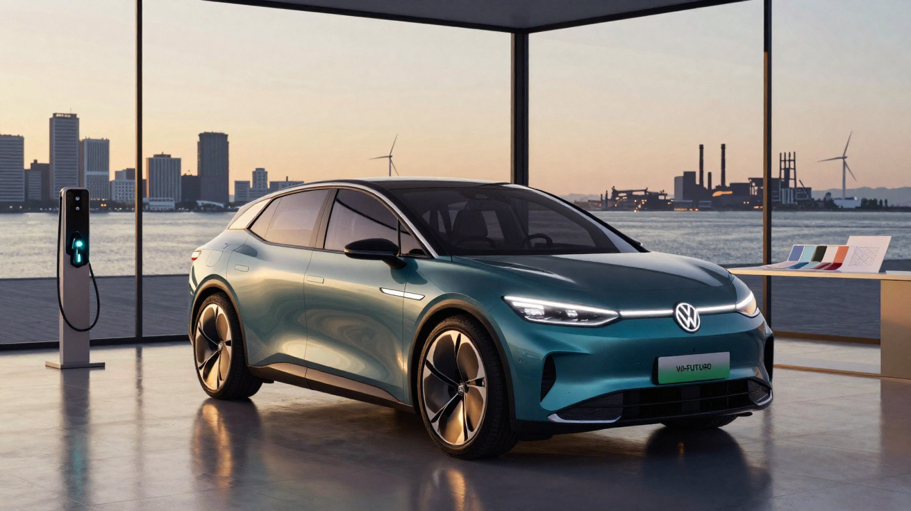 Carro elétrico azul da Volkswagen em showroom com vista para cidade e turbina eólica ao pôr do sol.