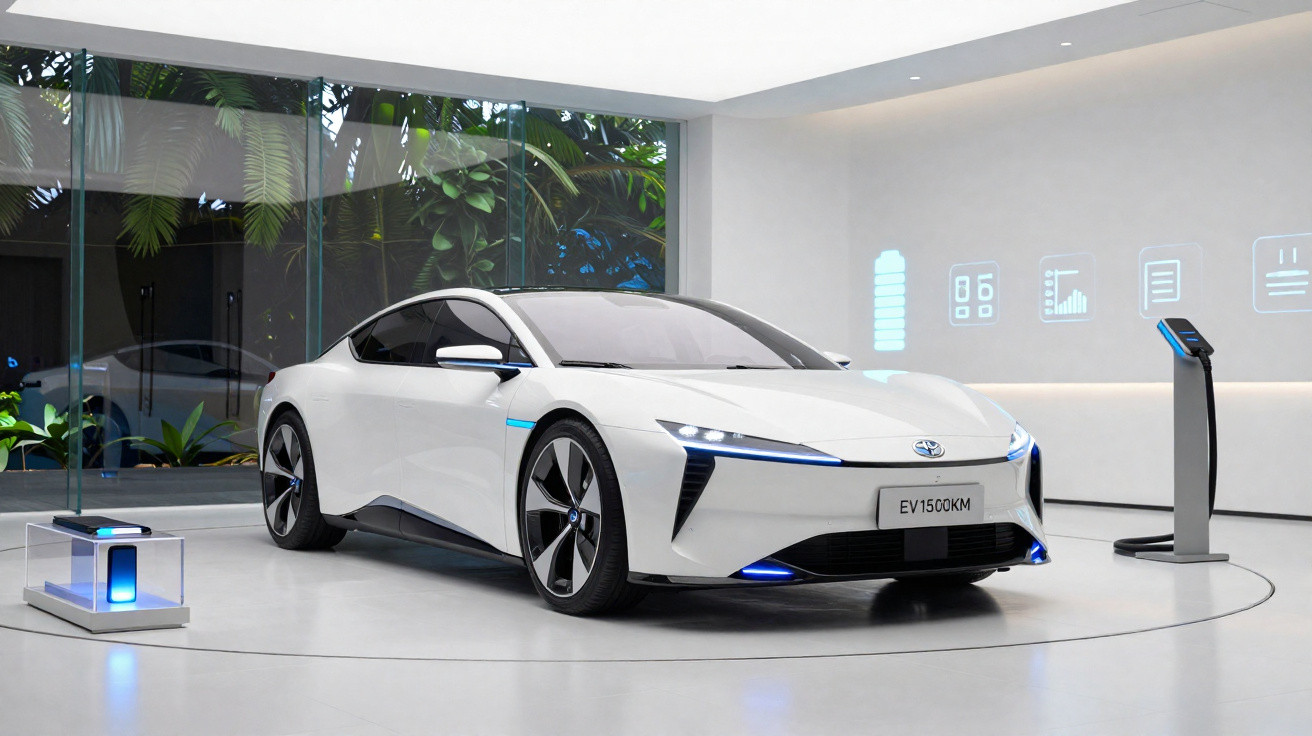 Carro elétrico branco moderno em exposição interna com painel digital e bateria iluminada ao fundo.