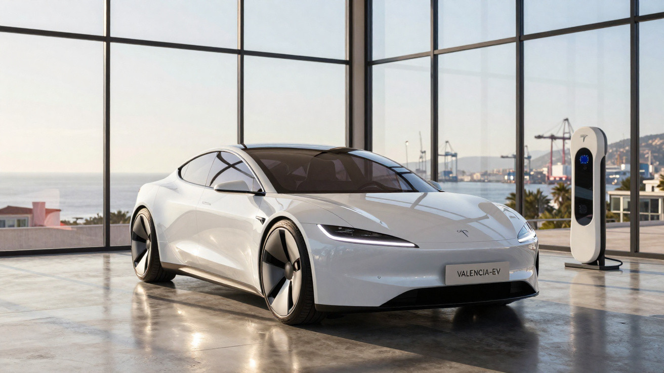Carro elétrico branco Tesla estacionado em garagem moderna com carregador ao lado e vista para o mar.