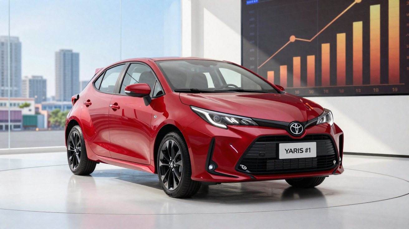 Carro hatchback vermelho Toyota Yaris exposto em showroom moderno com gráfico de crescimento ao fundo.