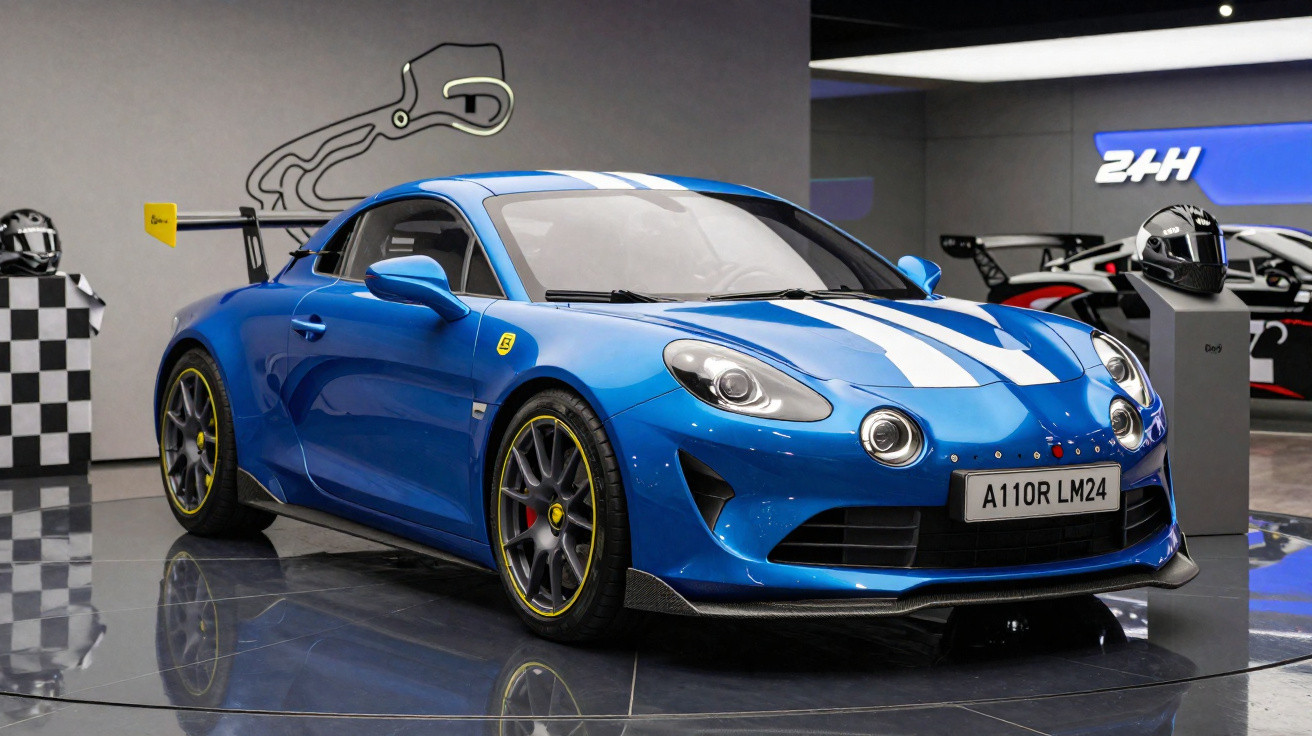 Carro esportivo azul com faixa branca estacionado em exposição com placa A120R LM24 e bandeira quadriculada.
